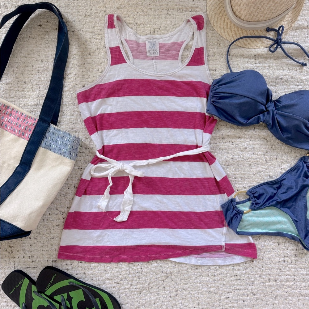 Zara Striped Sleeveless Tank Top Tunic Swim Coverup Dress Pink White Cover Up